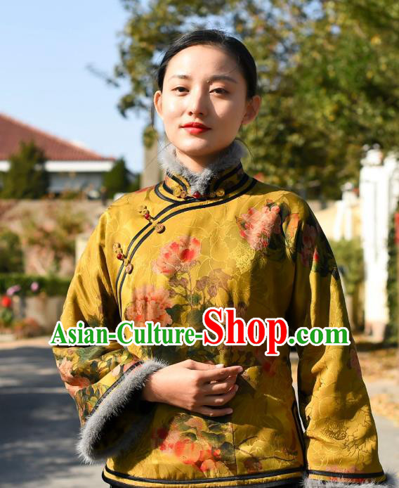 China Traditional Cotton Wadded Jacket National Woman Outer Garment Clothing Tang Suit Yellow Silk Overcoat