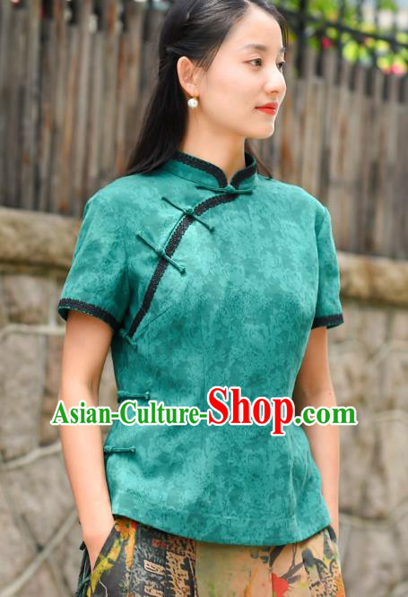 Chinese Tang Suit Green Silk Blouse National Woman Upper Outer Garment Traditional Shirt Clothing