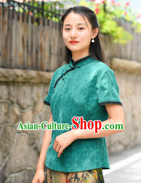 Chinese Tang Suit Green Silk Blouse National Woman Upper Outer Garment Traditional Shirt Clothing