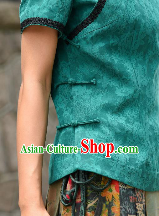 Chinese Tang Suit Green Silk Blouse National Woman Upper Outer Garment Traditional Shirt Clothing