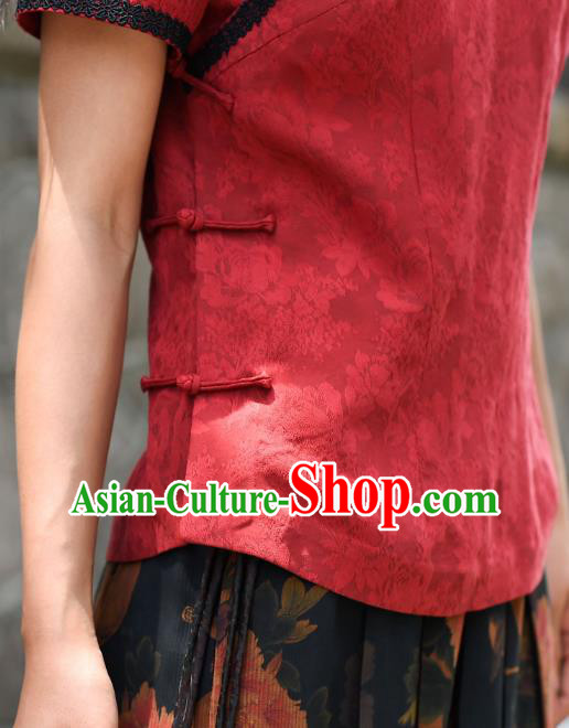 Chinese Traditional Red Silk Shirt Clothing Tang Suit Blouse National Woman Upper Outer Garment