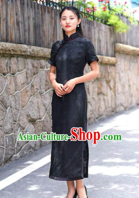 Chinese Traditional Qipao Dress Costume National Young Lady Black Silk Cheongsam