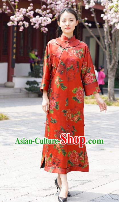 Chinese Traditional Red Silk Qipao Dress Costume National Young Lady Printing Peony Cheongsam