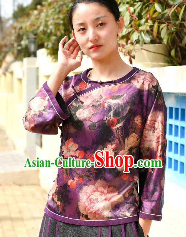 Chinese National Woman Upper Outer Garment Traditional Gambiered Guangdong Gauze Clothing Tang Suit Purple Silk Blouse