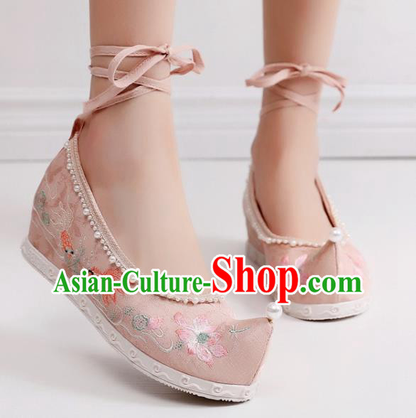 China Handmade Hanfu Pink Cloth Shoes National Embroidered Lotus Bow Shoes Traditional Ming Dynasty Princess Shoes