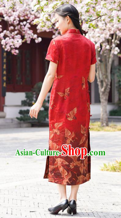 Chinese Traditional Printing Cranes Qipao Dress Costume National Young Lady Red Silk Cheongsam