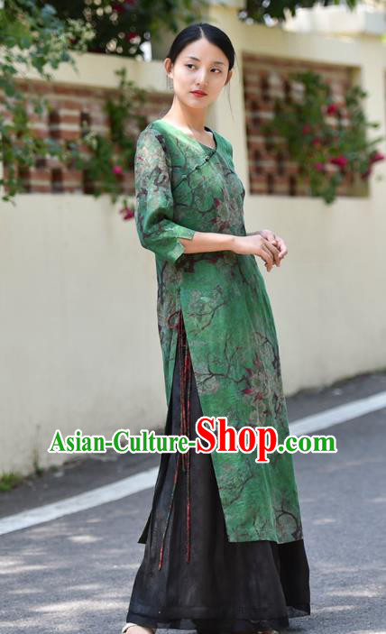 Chinese Traditional Green Silk Qipao Dress Costume National Young Lady Printing Pear Blossom Aodai Cheongsam