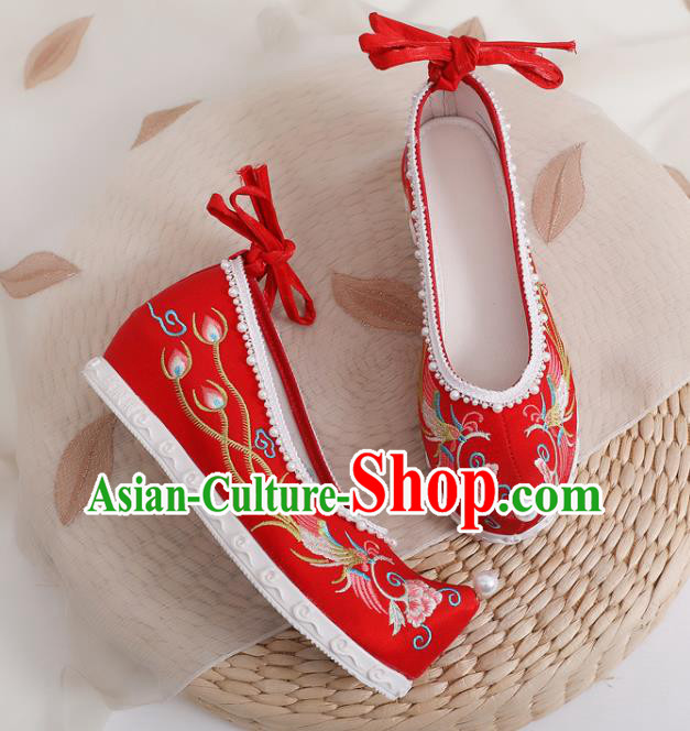 China Traditional Wedding Pearls Shoes National Embroidered Phoenix Peony Shoes Handmade Red Satin Shoes