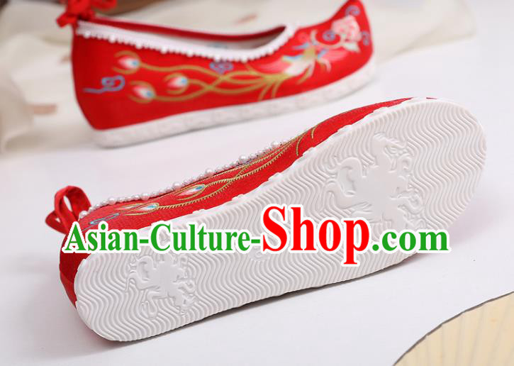 China Traditional Wedding Pearls Shoes National Embroidered Phoenix Peony Shoes Handmade Red Satin Shoes