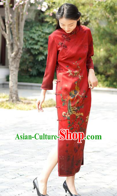 Chinese Traditional Printing Phoenix Peony Qipao Dress Costume National Young Lady Red Silk Cheongsam