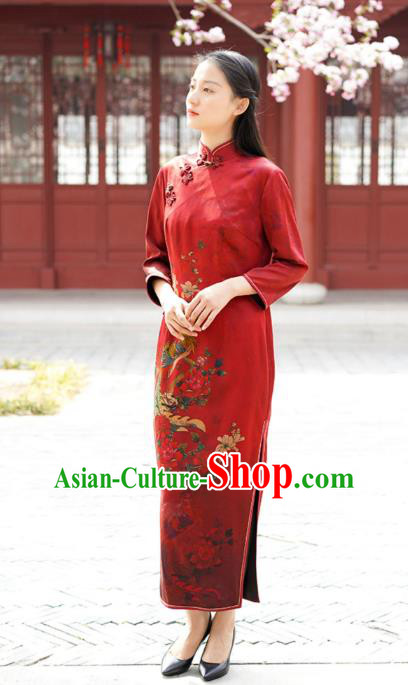 Chinese Traditional Printing Phoenix Peony Qipao Dress Costume National Young Lady Red Silk Cheongsam