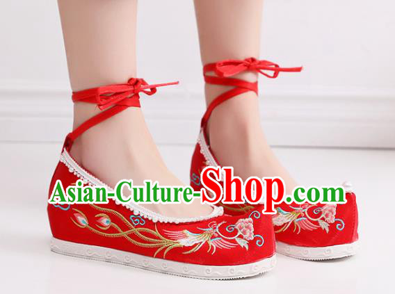 China Traditional Wedding Pearls Shoes National Embroidered Phoenix Peony Shoes Handmade Red Satin Shoes