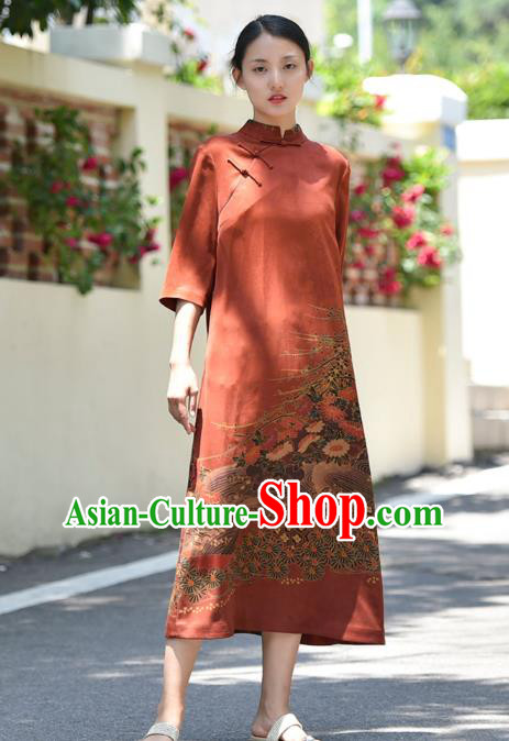 Chinese Traditional Gambiered Guangdong Gauze Qipao Dress Costume National Young Lady Printing Red Cheongsam