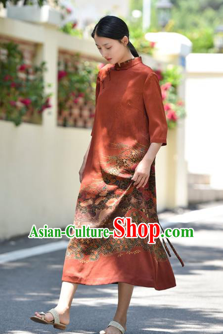 Chinese Traditional Gambiered Guangdong Gauze Qipao Dress Costume National Young Lady Printing Red Cheongsam
