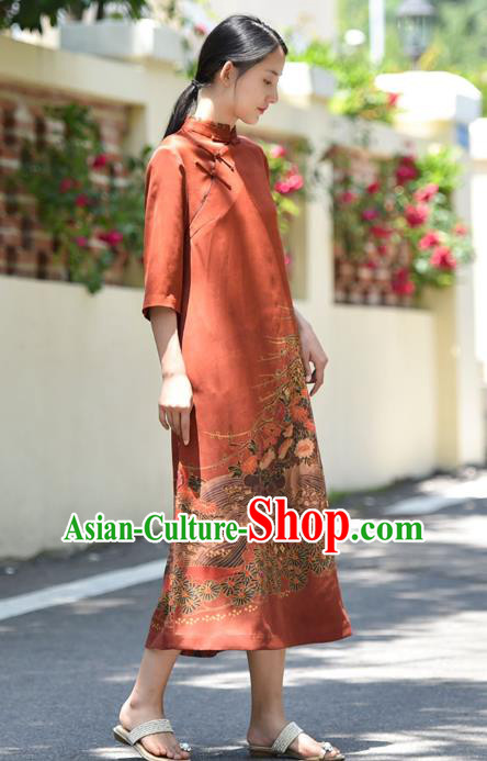 Chinese Traditional Gambiered Guangdong Gauze Qipao Dress Costume National Young Lady Printing Red Cheongsam