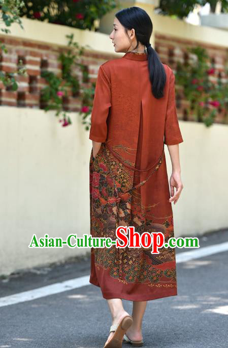 Chinese Traditional Gambiered Guangdong Gauze Qipao Dress Costume National Young Lady Printing Red Cheongsam