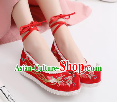 China Traditional Wedding Pearls Shoes National Embroidered Phoenix Peony Shoes Handmade Red Satin Shoes