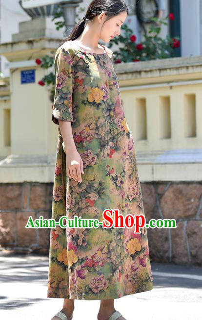 Chinese Traditional Printing Peony Qipao Dress Costume National Young Lady Light Green Cheongsam