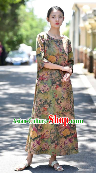 Chinese Traditional Printing Peony Qipao Dress Costume National Young Lady Light Green Cheongsam