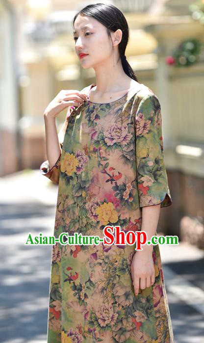 Chinese Traditional Printing Peony Qipao Dress Costume National Young Lady Light Green Cheongsam