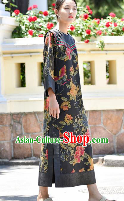 Chinese Traditional Printing Butterfly Peony Qipao Dress Costume National Young Lady Slant Opening Cheongsam