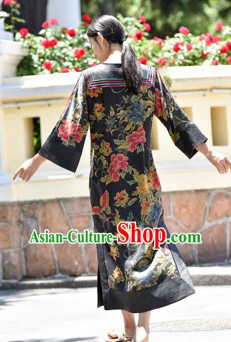 Chinese Traditional Printing Butterfly Peony Qipao Dress Costume National Young Lady Slant Opening Cheongsam