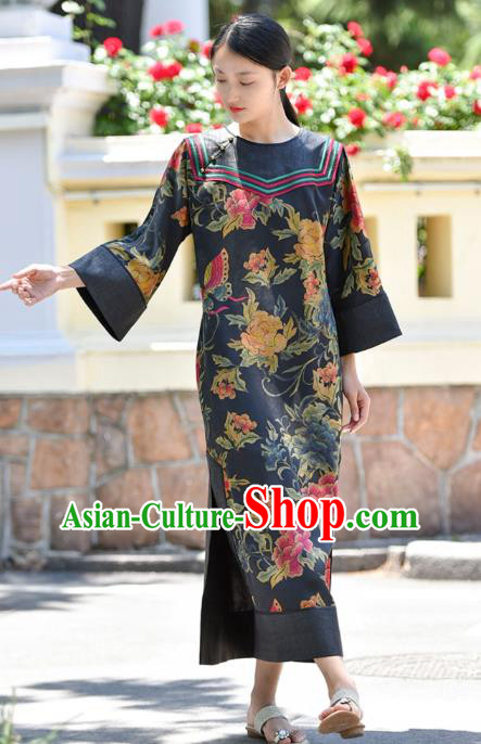 Chinese Traditional Printing Butterfly Peony Qipao Dress Costume National Young Lady Slant Opening Cheongsam