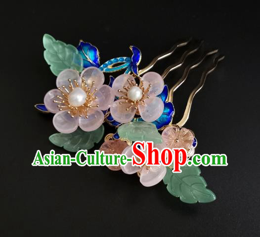 China Ancient Princess Pink Flowers Hairpin Traditional Qing Dynasty Cloisonne Hair Comb