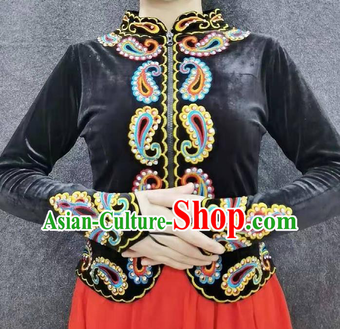 China Traditional Uygur Nationality Dance Shirt Ethnic Woman Clothing Xinjiang Performance Black Velvet Blouse