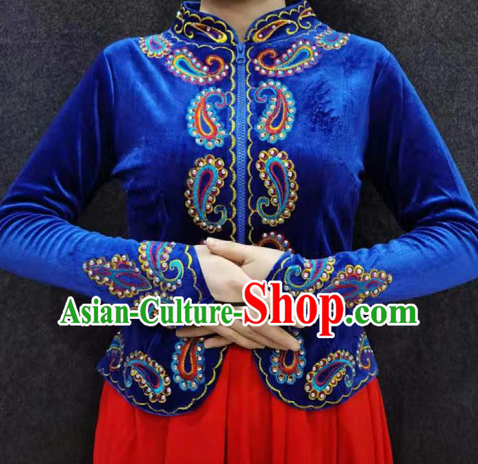 China Ethnic Folk Dance Clothing Xinjiang Woman Royalblue Velvet Blouse Traditional Uygur Nationality Shirt