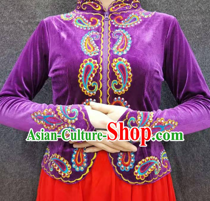 China Ethnic Folk Dance Clothing Xinjiang Woman Purple Velvet Blouse Traditional Uygur Nationality Upper Outer Garment