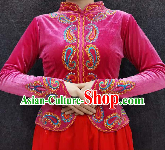 China Xinjiang Woman Pink Velvet Blouse Traditional Uygur Nationality Upper Outer Garment Ethnic Folk Dance Clothing