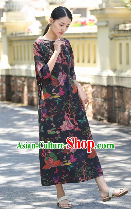 Chinese Traditional Qipao Dress Costume National Young Lady Printing Navy Silk Cheongsam