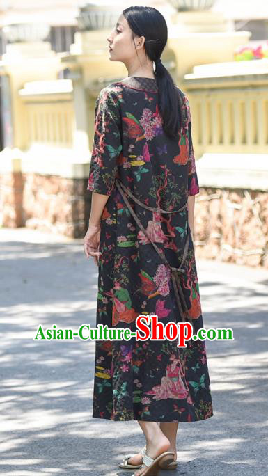 Chinese Traditional Qipao Dress Costume National Young Lady Printing Navy Silk Cheongsam