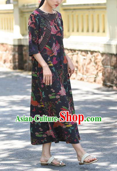 Chinese Traditional Qipao Dress Costume National Young Lady Printing Navy Silk Cheongsam