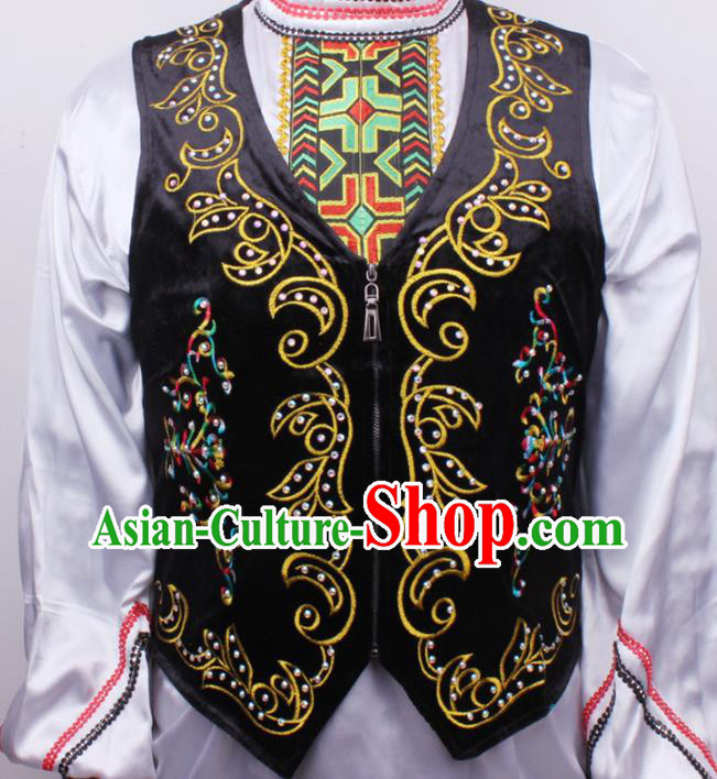 Chinese Xinjiang Male Dance Stage Performance Costumes Uygur Ethnic Folk Dance Black Embroidered Vest