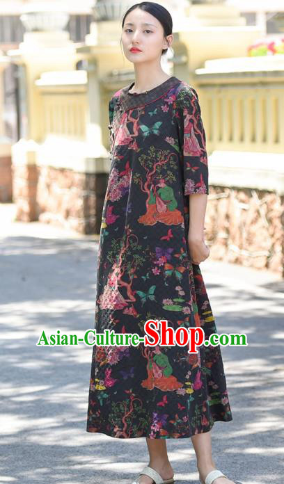 Chinese Traditional Qipao Dress Costume National Young Lady Printing Navy Silk Cheongsam