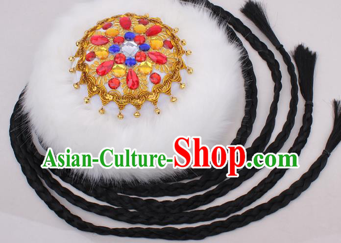 Chinese Traditional Uygur Nationality Performance White Fur Hat Xinjiang Ethnic Woman Folk Dance Braid Headwear