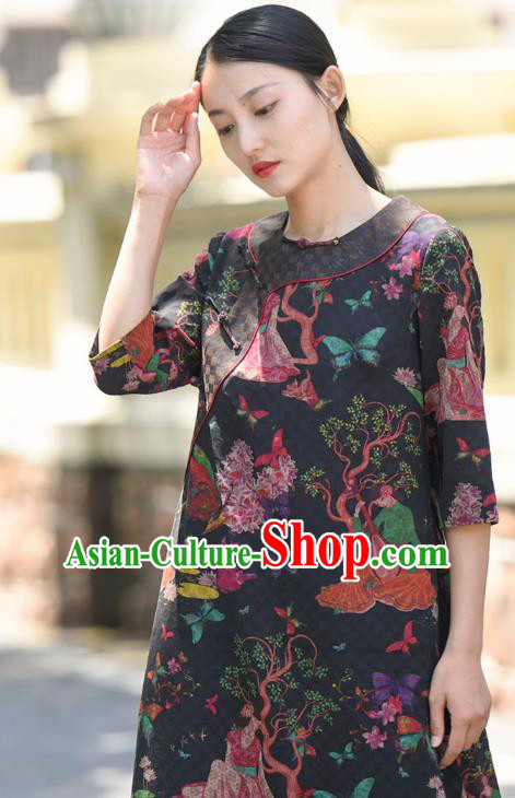 Chinese Traditional Qipao Dress Costume National Young Lady Printing Navy Silk Cheongsam