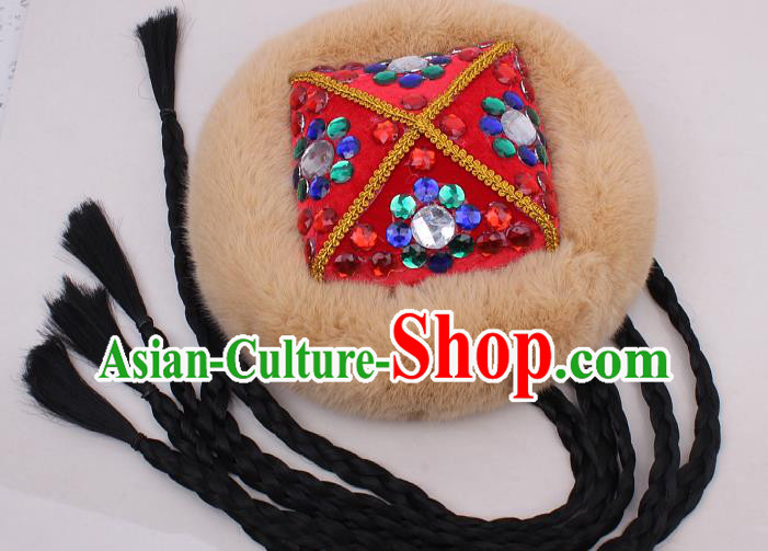 Chinese Xinjiang Ethnic Woman Braid Headwear Traditional Uygur Nationality Performance Fur Red Hat