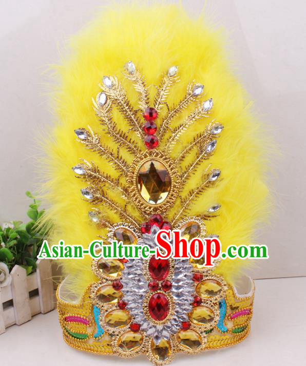 Chinese Traditional Xinjiang Dance Headwear Ethnic Folk Dance Hair Clasp Uygur Nationality Yellow Feather Hat