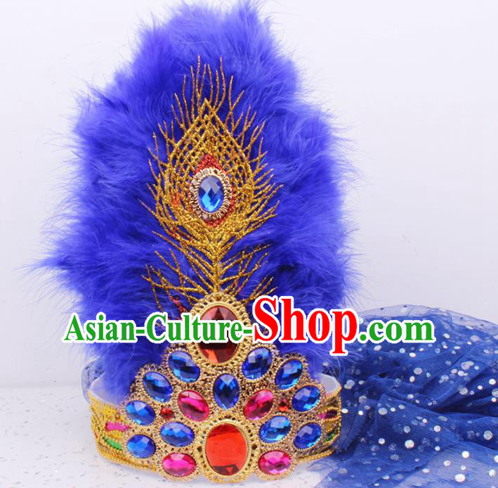 Chinese Traditional Xinjiang Dance Headwear Ethnic Folk Dance Royalblue Veil Hair Clasp Uygur Nationality Feather Hat