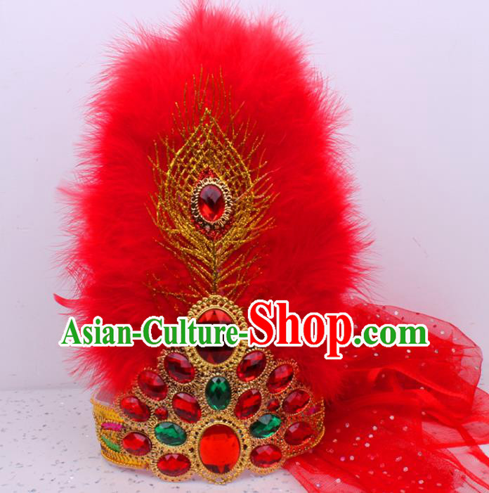 Chinese Ethnic Folk Dance Red Veil Hair Clasp Uygur Nationality Feather Hat Traditional Xinjiang Dance Headdress