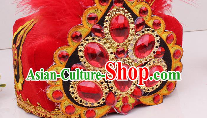 Chinese Uygur Nationality Folk Dance Red Feather Hat Traditional Xinjiang Ethnic Folk Dance Headdress