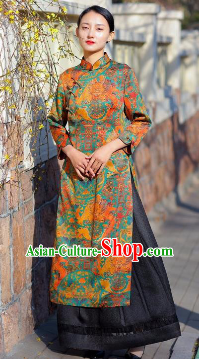 Chinese Traditional Dragon Pattern Silk Qipao Dress Costume National Young Lady Stage Show Cheongsam