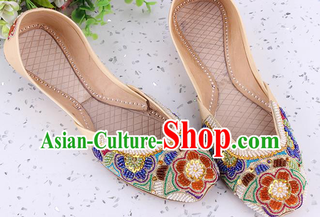 Indian Handmade Embroidery Beads Shoes Asian Traditional Wedding Apricot Leather Shoes Folk Dance Shoes