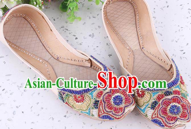 Indian Folk Dance Shoes Handmade Embroidery Beads Shoes Asian Traditional Wedding Beige Leather Shoes