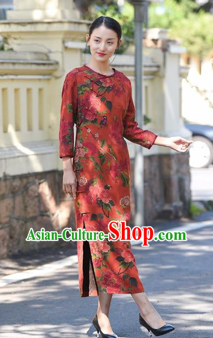 Chinese Traditional Peony Pattern Qipao Dress Costume National Young Lady Red Silk Cheongsam