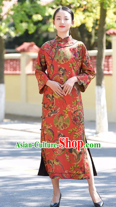 Chinese Traditional Phoenix Peony Pattern Red Silk Qipao Dress Costume National Young Lady Cheongsam