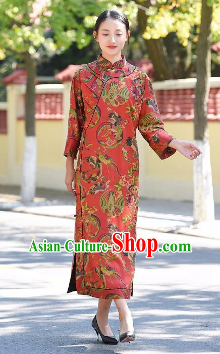 Chinese Traditional Phoenix Peony Pattern Red Silk Qipao Dress Costume National Young Lady Cheongsam